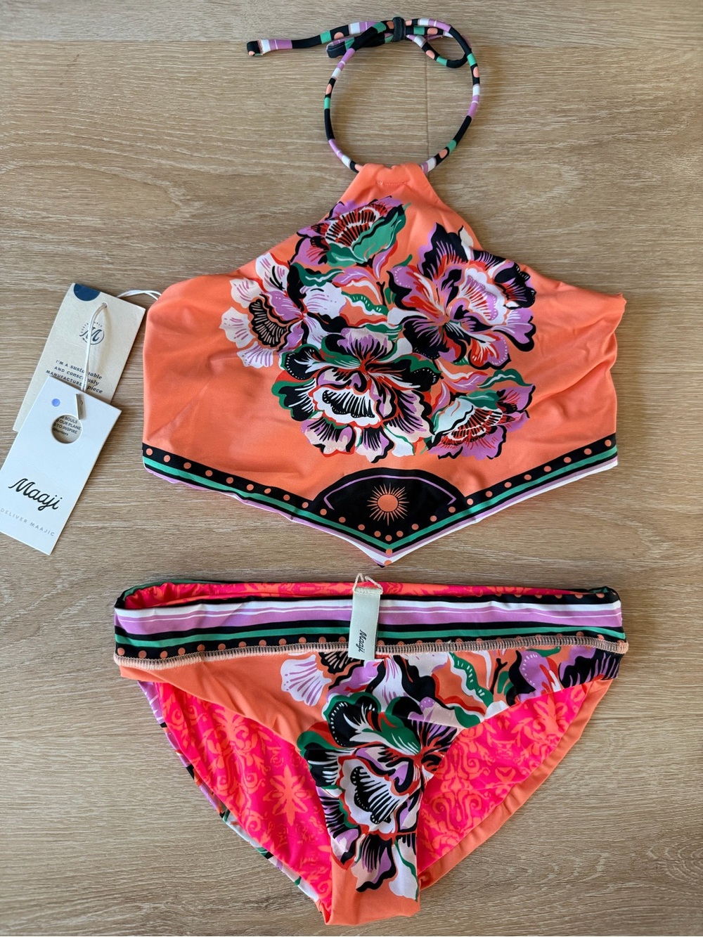 Maaji Rarity Reversible Orange & Pink Floral High-Neck Bikini Set